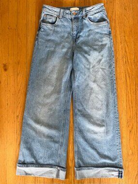 Zara Medium Wash Cuffed Denim Wide Leg Jeans | Size 6